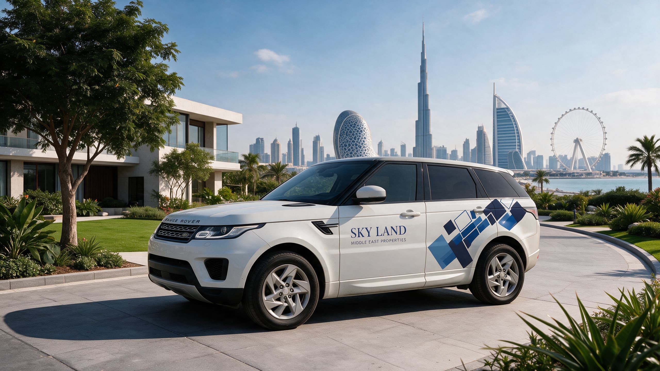 Sky Land tour car parked in front of the Dubai skyline
