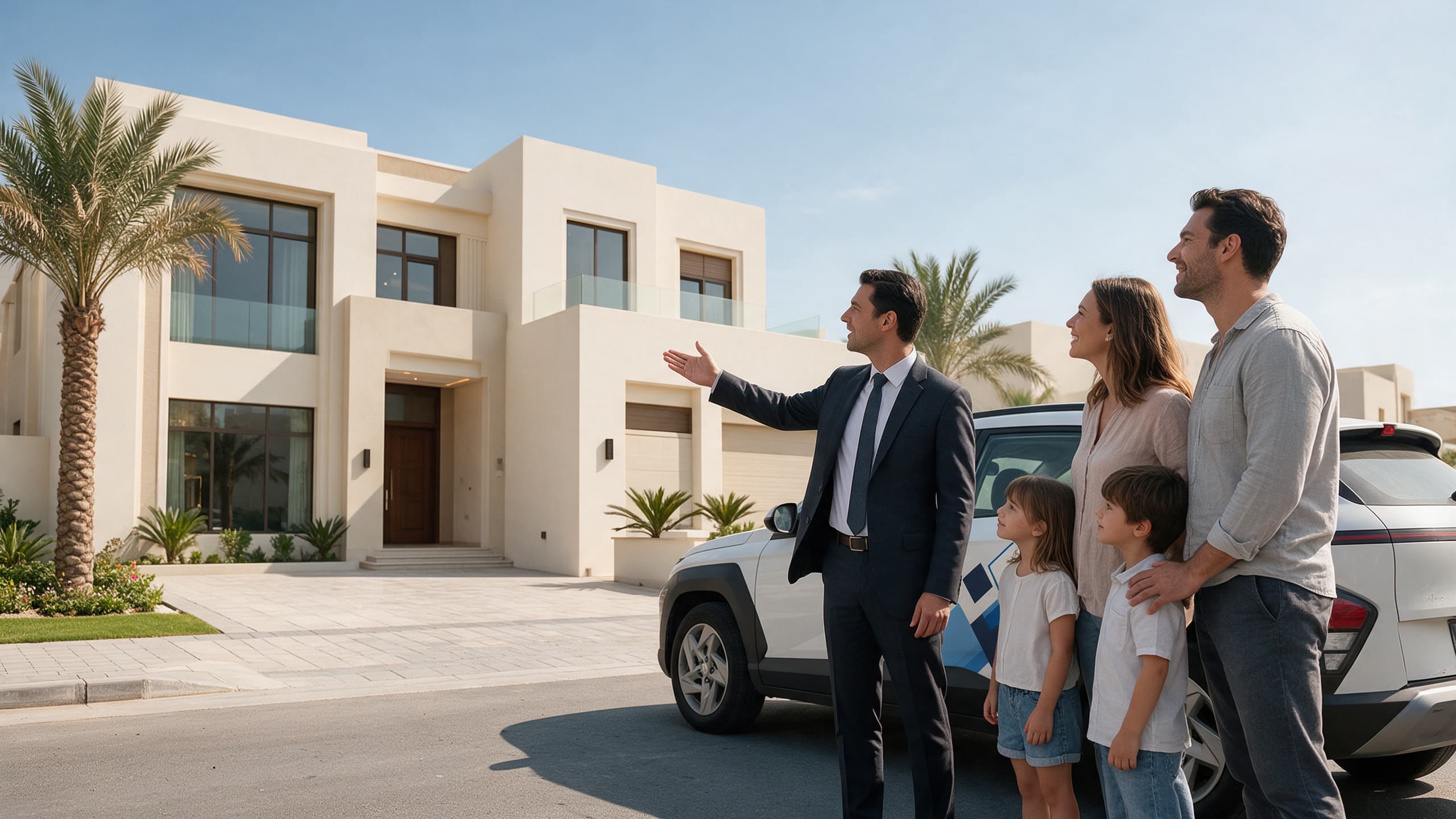 A Sky Land advisor showing a family a villa