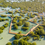 Aerial photograph of Jubail Mangrove Park, showing a wooden boardwalk winding through dense mangrove trees and shallow water.