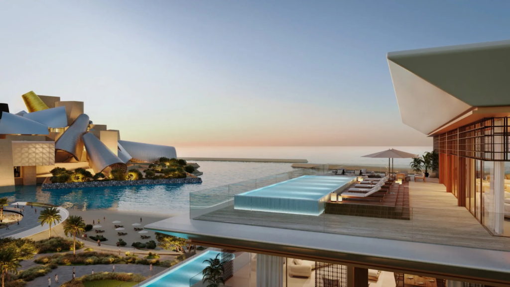 Architectural rendering of a high-end hotel residence featuring a rooftop infinity pool with lounge chairs, overlooking a bay at sunset. The residence has modern architecture with a mix of geometric shapes and warm wood tones.