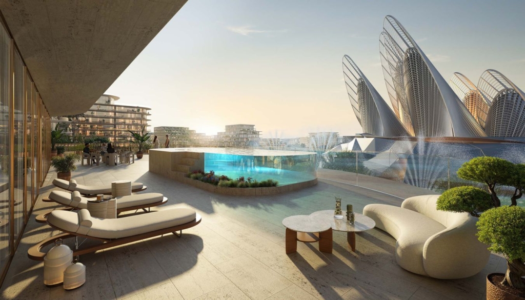 Architectural rendering of a luxurious outdoor terrace featuring lounge chairs, a glass-walled pool, and a unique, futuristic building with pointed spires in the background.
