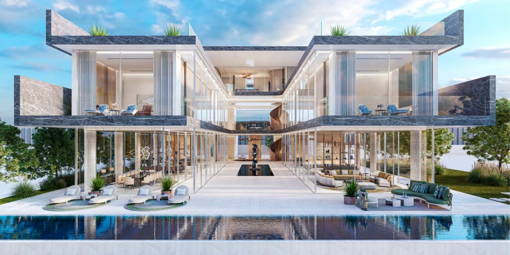 Architectural rendering of a contemporary multi-level villa with a central courtyard, a swimming pool in the foreground, and large glass windows.