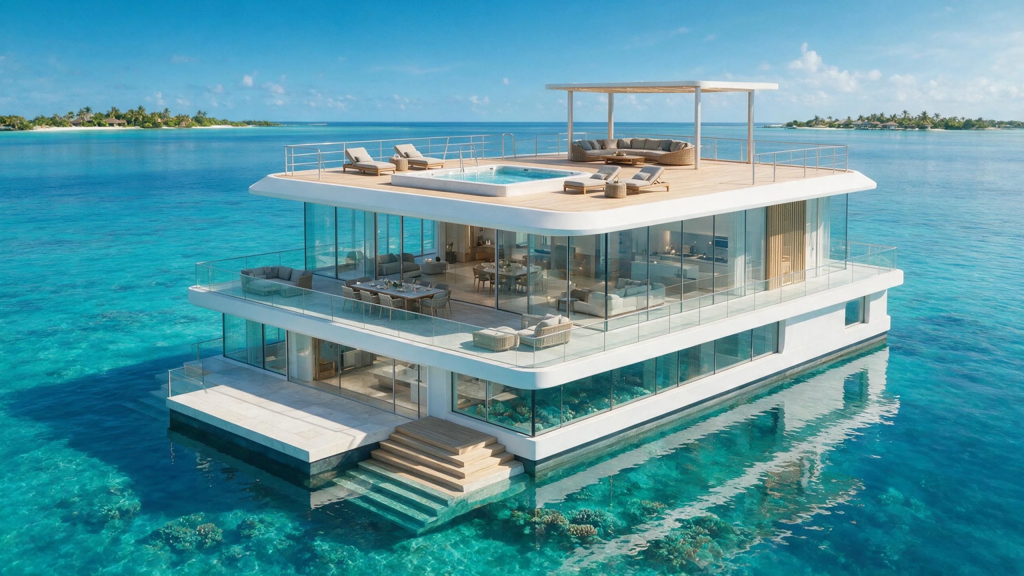 Alt text: Floating villas Dubai three-level marine residence with rooftop jacuzzi