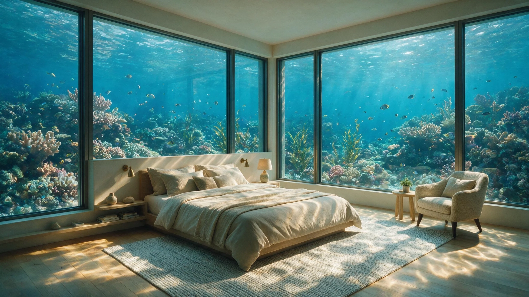 Underwater bedroom in a Dubai floating villa with floor-to-ceiling windows onto a coral garden