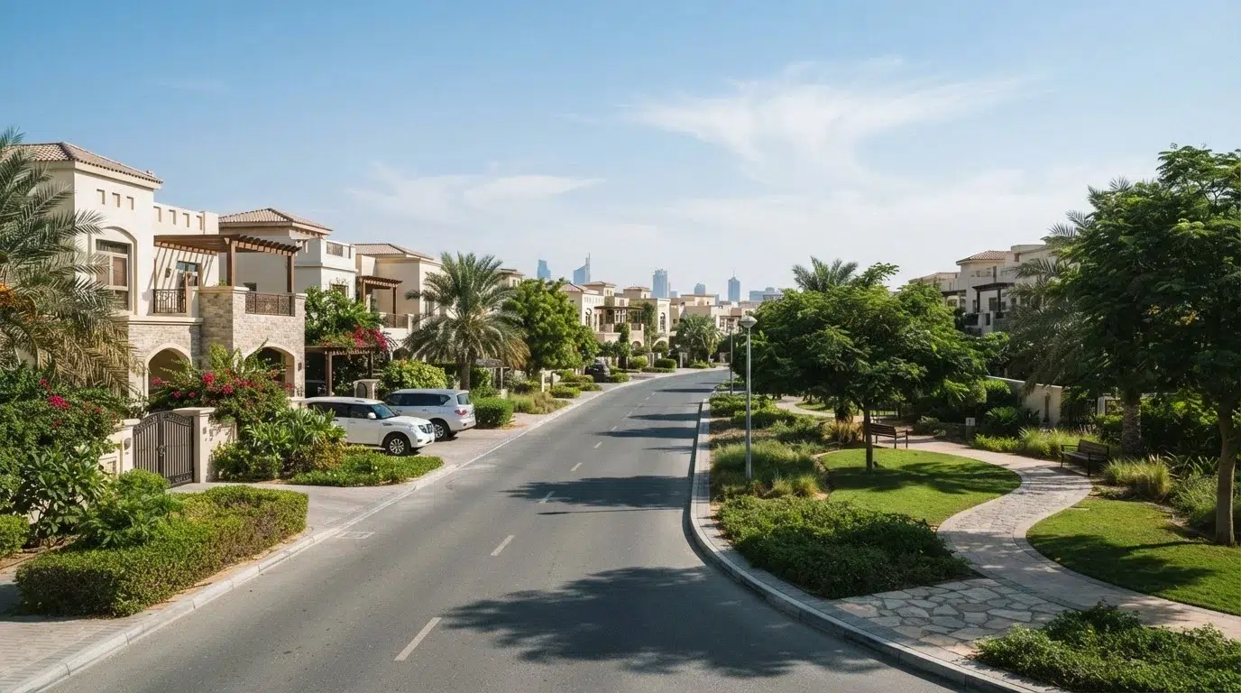 Landscaped villa community street and park in Abu Dhabi
