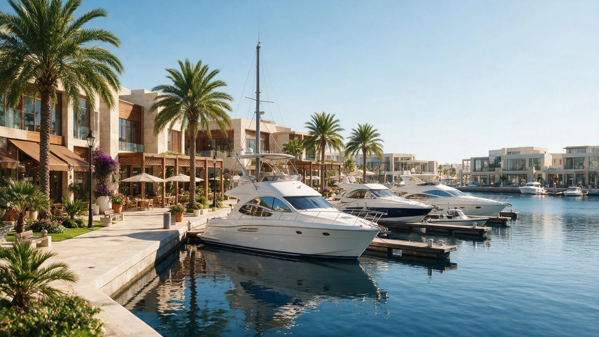 Marina and waterfront retail promenade at Ramhan Island Abu Dhabi